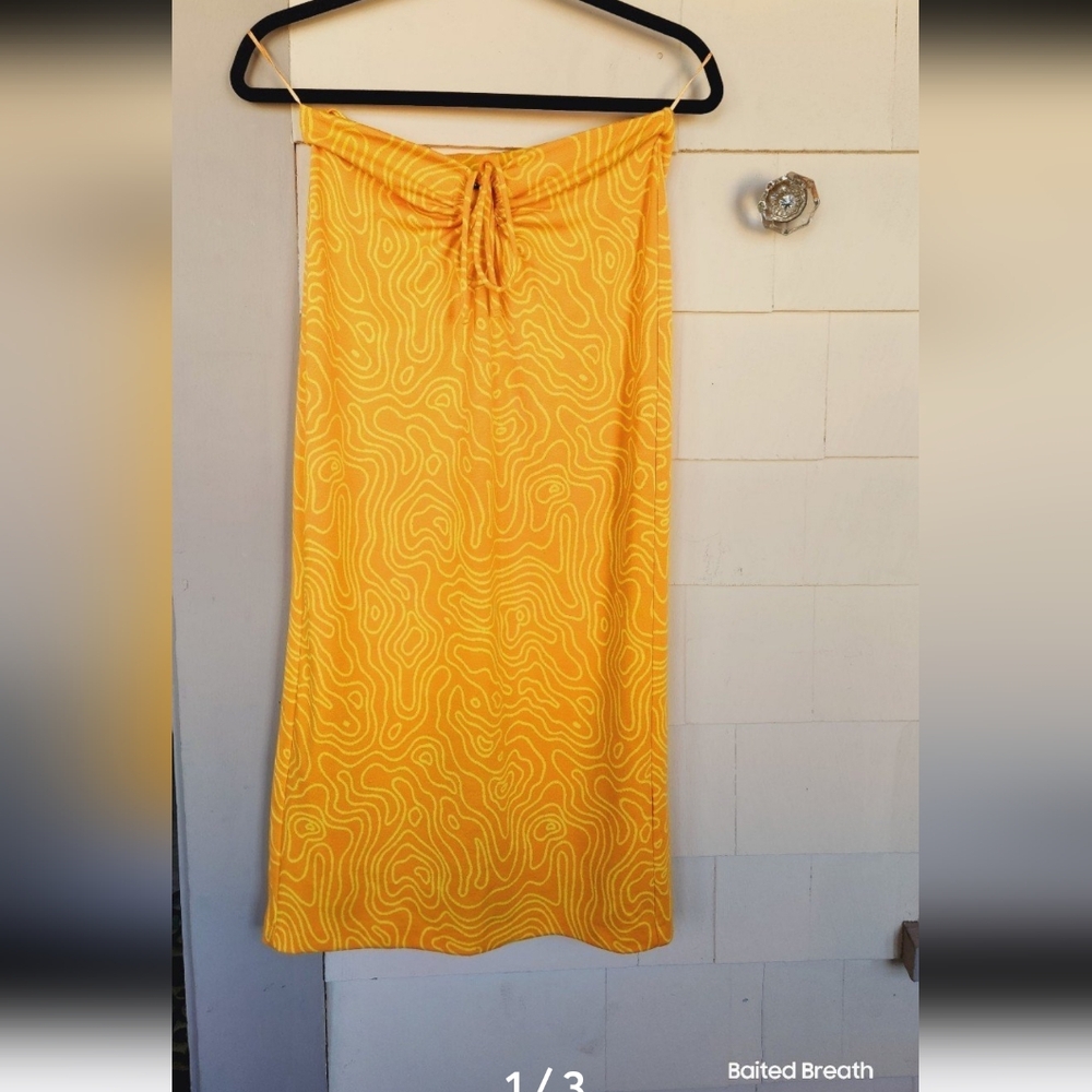 Zara Midi Yellow Patterned Skirt With Slit Size SMALL